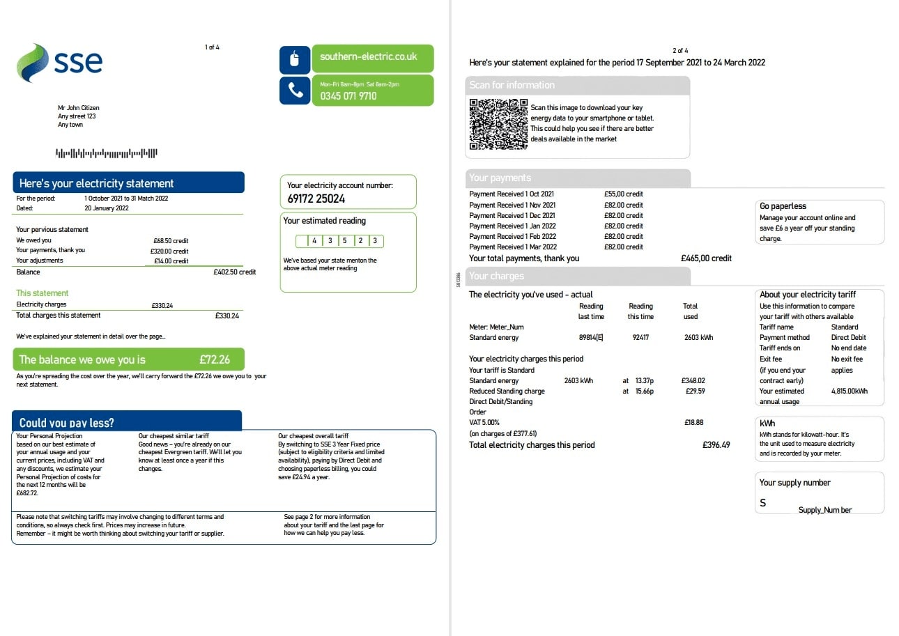 United Kingdom SSE Energy utility bill, Word and PDF template, 4 pages 1 2